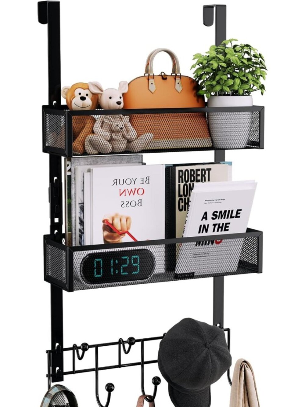 3-Tier Over Door Hooks Organizer with 9 Coat Hooks & 2 Mesh Baskets